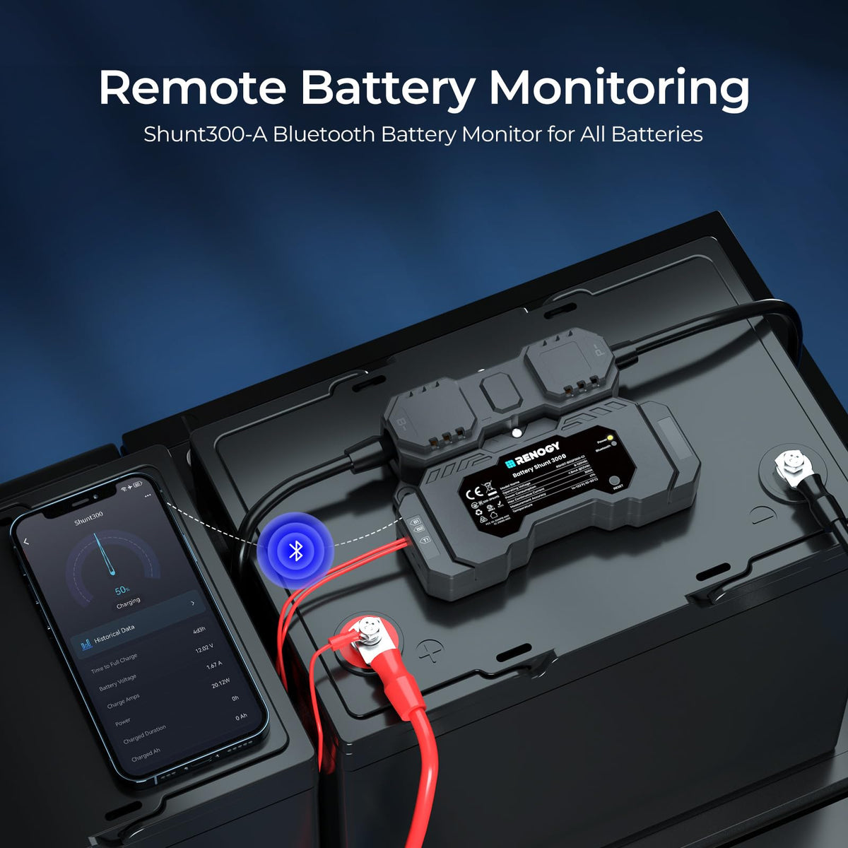 Renogy 300A Battery Shunt Bluetooth Monitor Tester - Black NEW