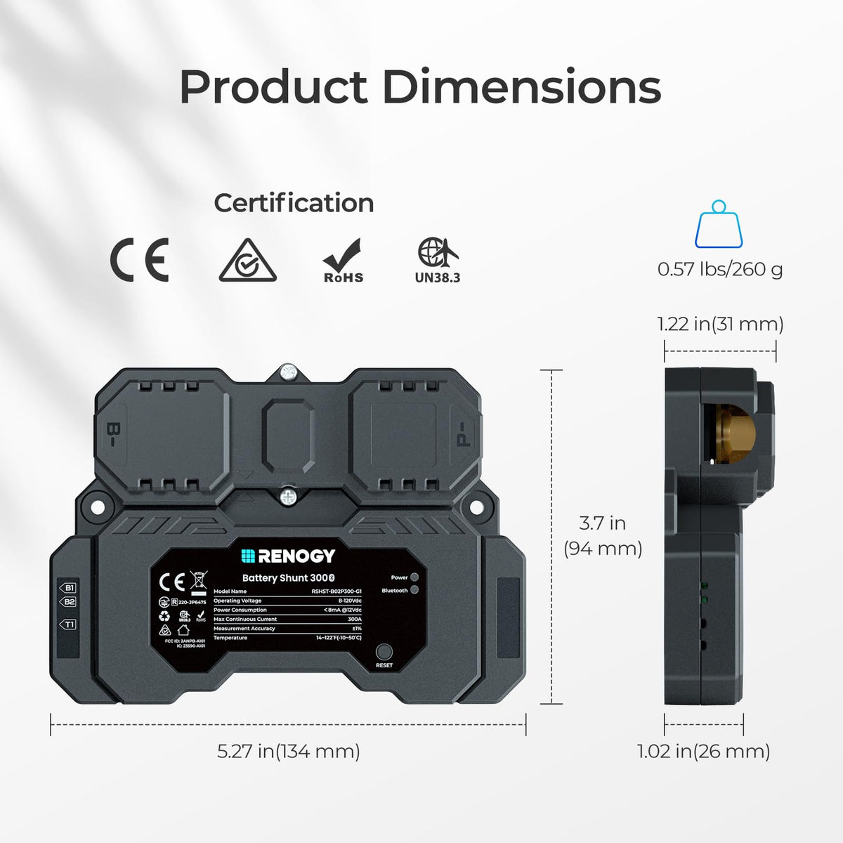 Renogy 300A Battery Shunt Bluetooth Monitor Tester - Black NEW