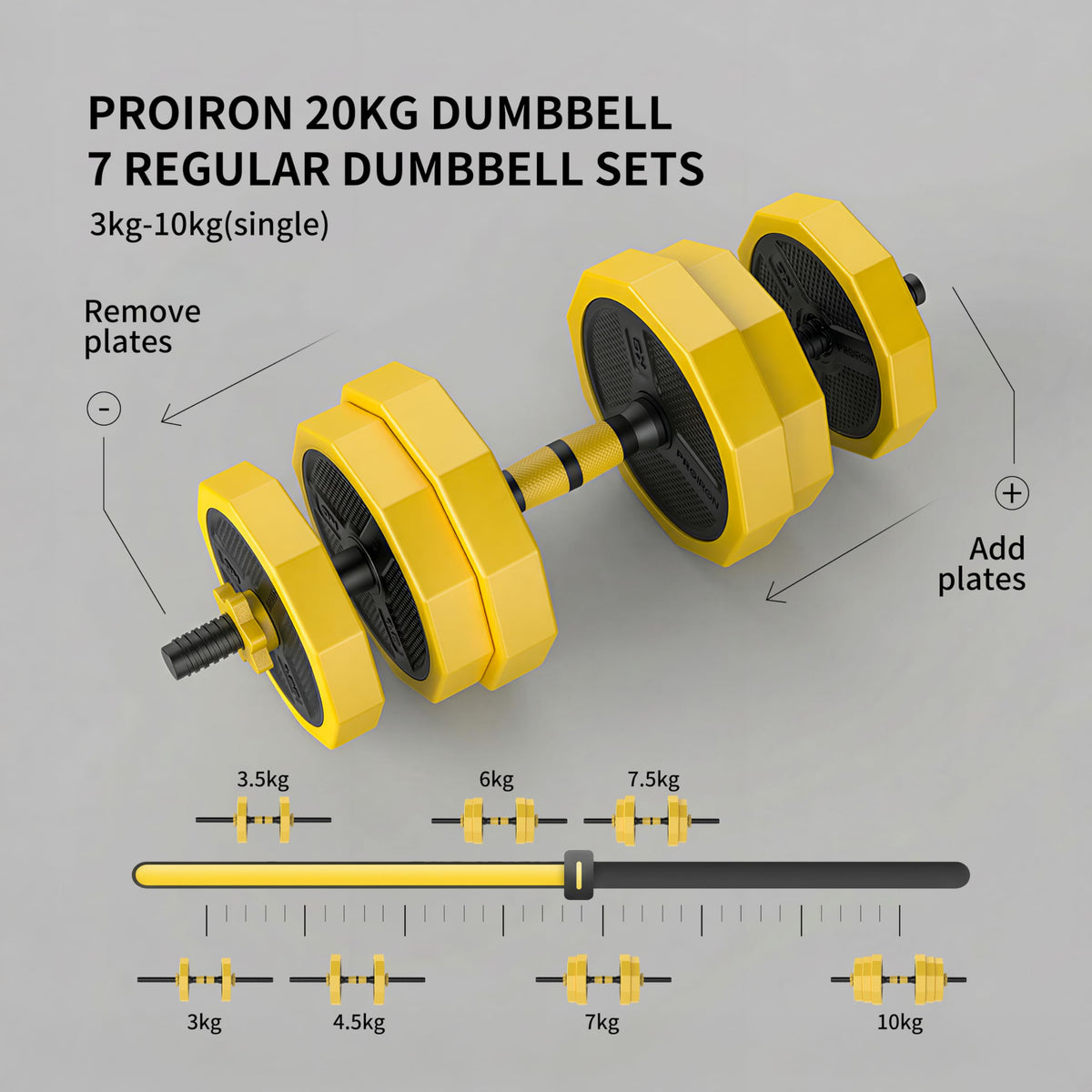 PROIRON 2-in-1 20KG Adjustable Dumbbells Set Black Yellow NEW