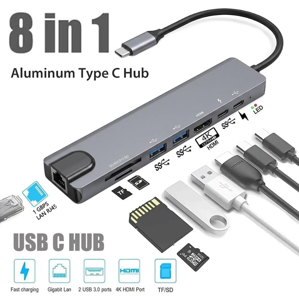Yotsuba USB USB Hubs C Hub 8-in-1 4K HDMI Ethernet Card Reader Silver NEW