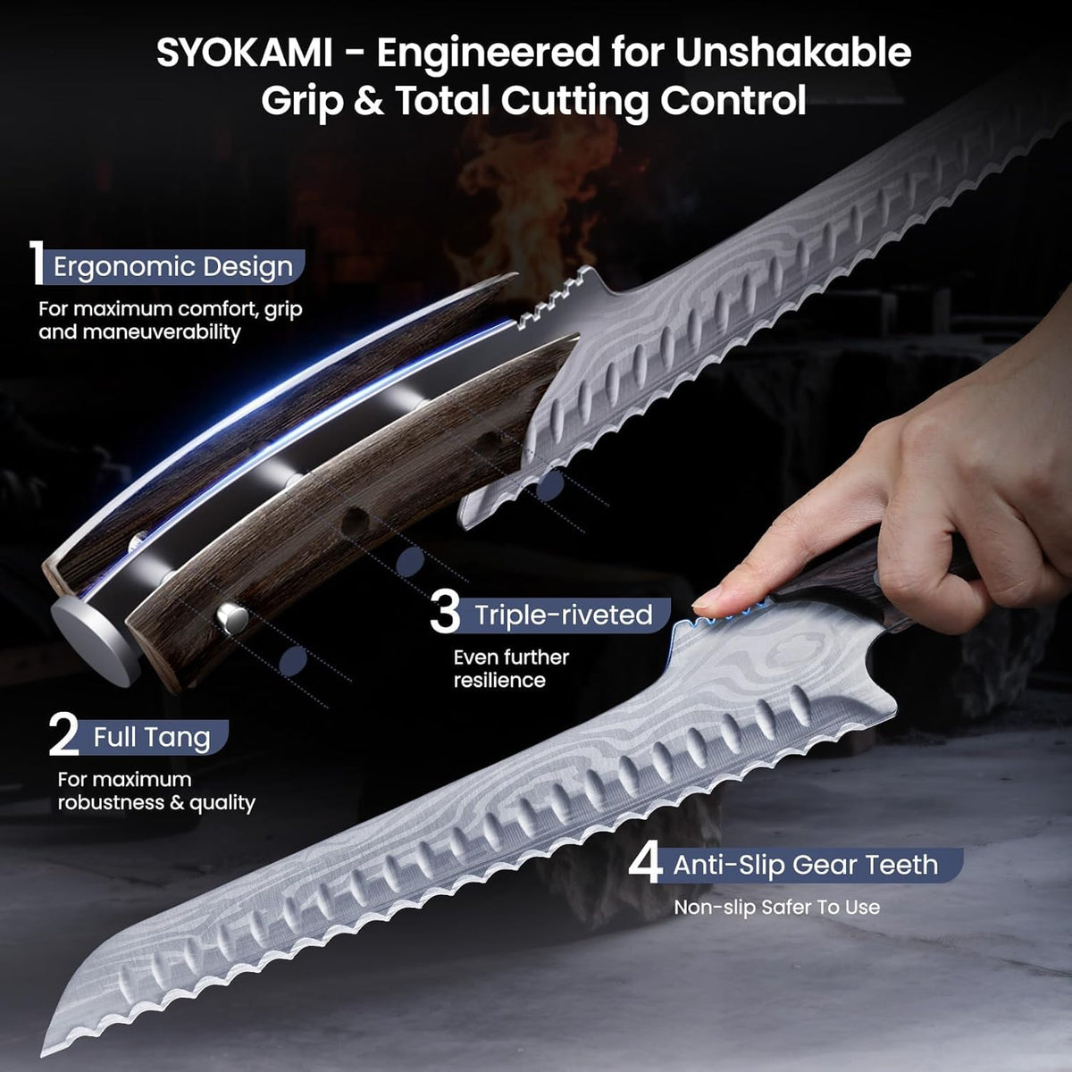 SYOKAMI Offset Kitchen Knives Bread Knife High Carbon Stainless Steel Brown NEW