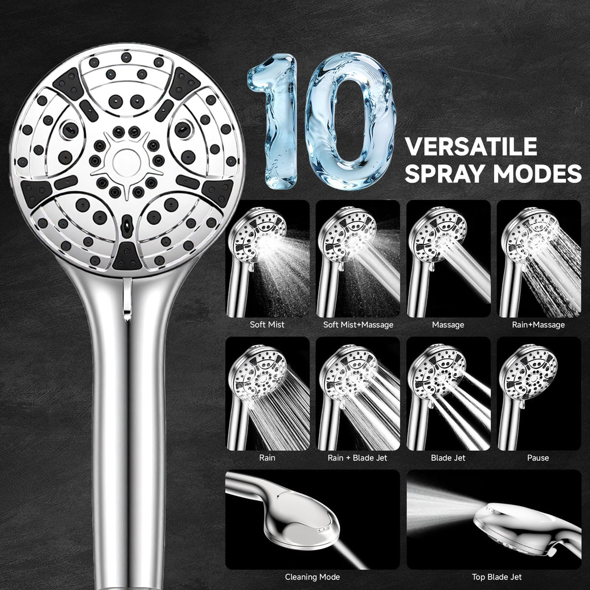 AAOBOSI 10" Rain Shower Head Set - 10 Functions High Pressure Silver DEMO