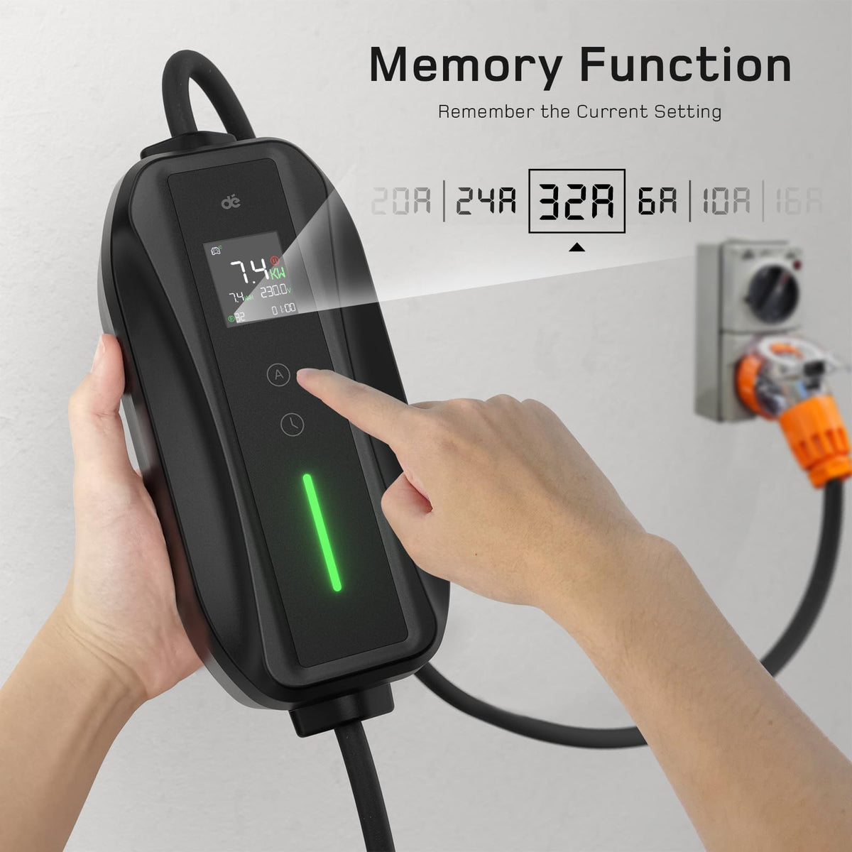 dé 7.4kW EV Charger Type 2 Three Phase 7m Cable Black DEMO
