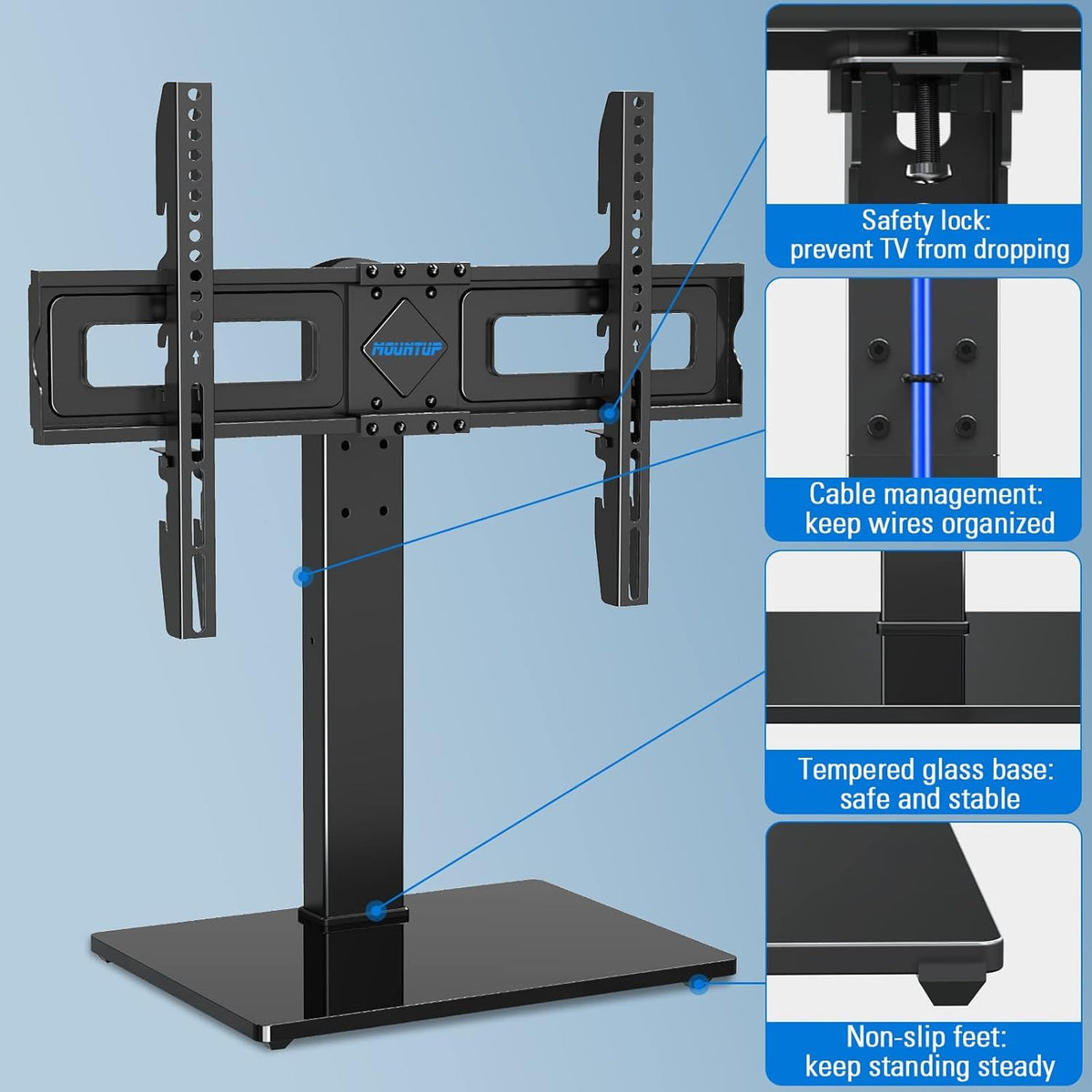 MOUNTUP Universal TV Stand Tempered Glass 37-65 Inch Black NEW