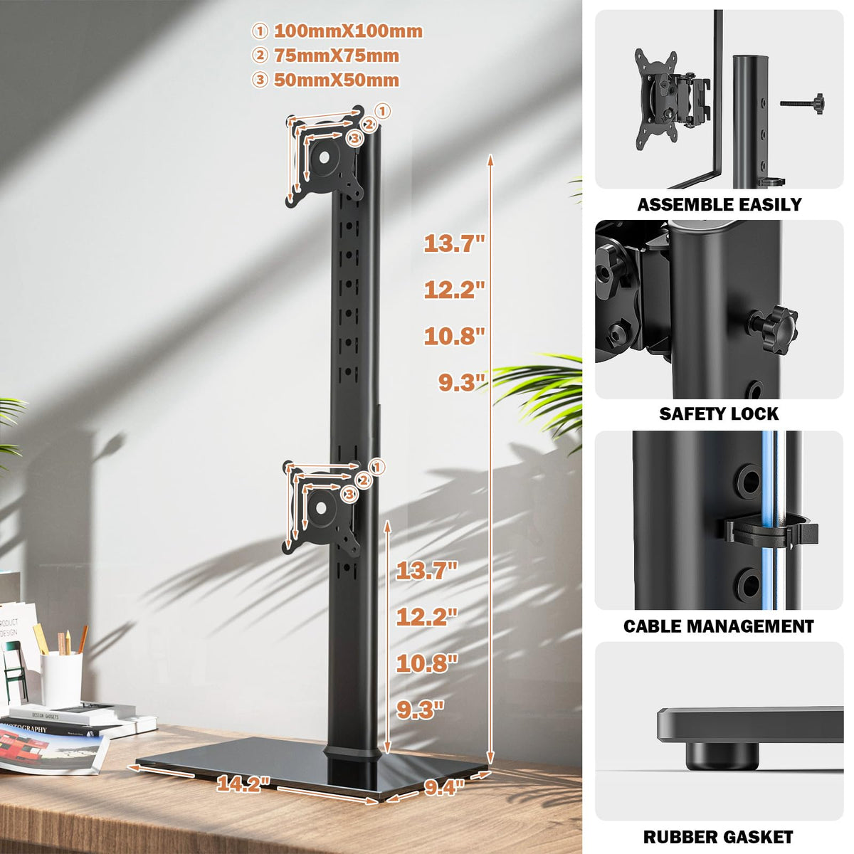 Hemudu Dual Monitor Stand Vertical Stack Black Free-Standing Riser NEW