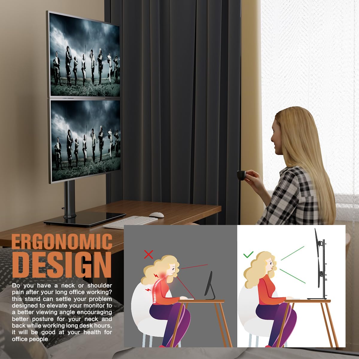 Hemudu Dual Monitor Stand Vertical Stack Black Free-Standing Riser NEW