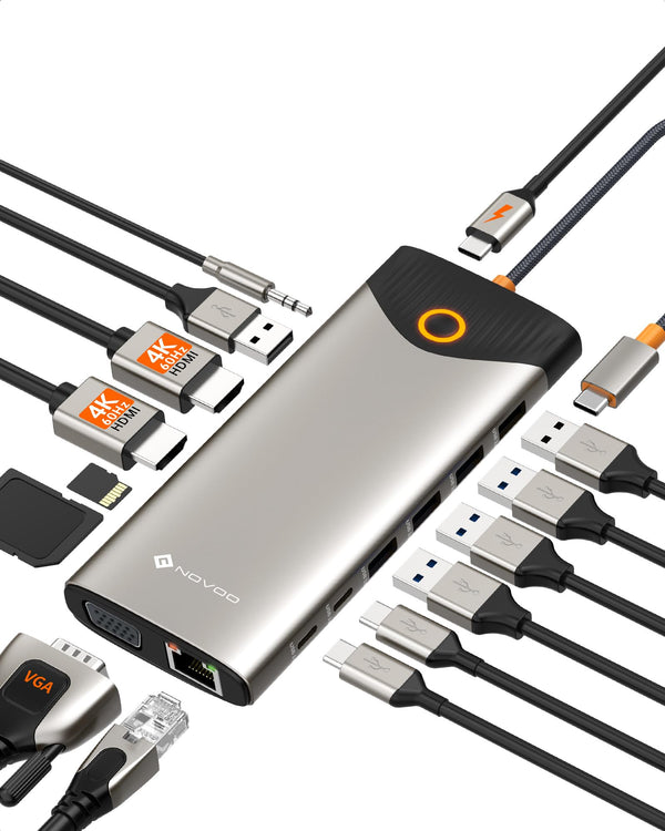 NOVOO 15-in-1 USB Hubs USB C Docking Station Dual 4K HDMI Hub Adapter NEW