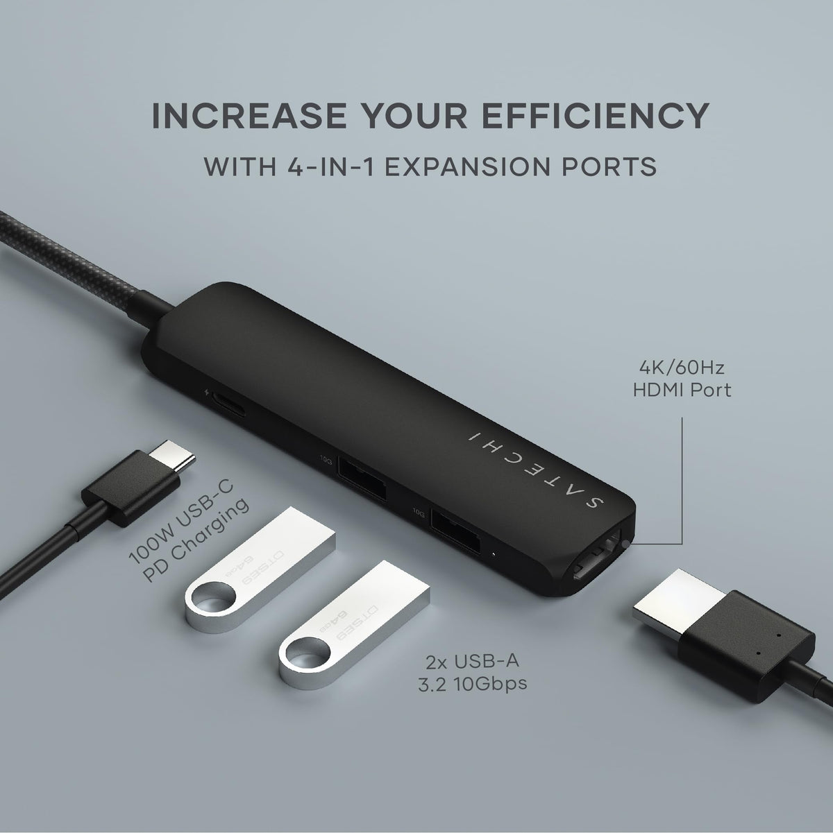 Satechi 4-in-1 USB Hubs USB-C Hub 4K HDMI Multiport Adapter Black Slim Plus NEW