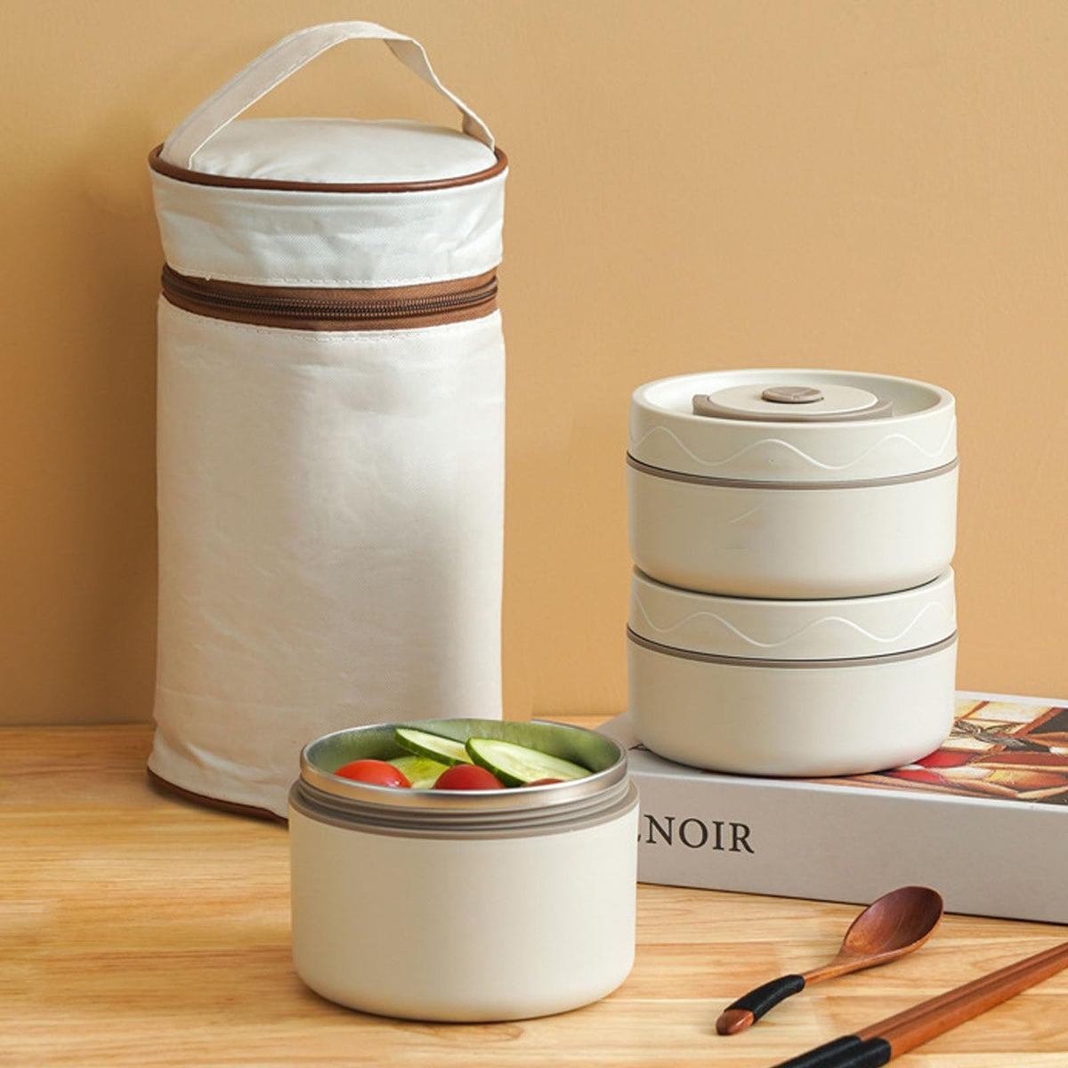 Belovia Stainless Steel 2 Bento Box Portable Insulated Lunch Beige NEW