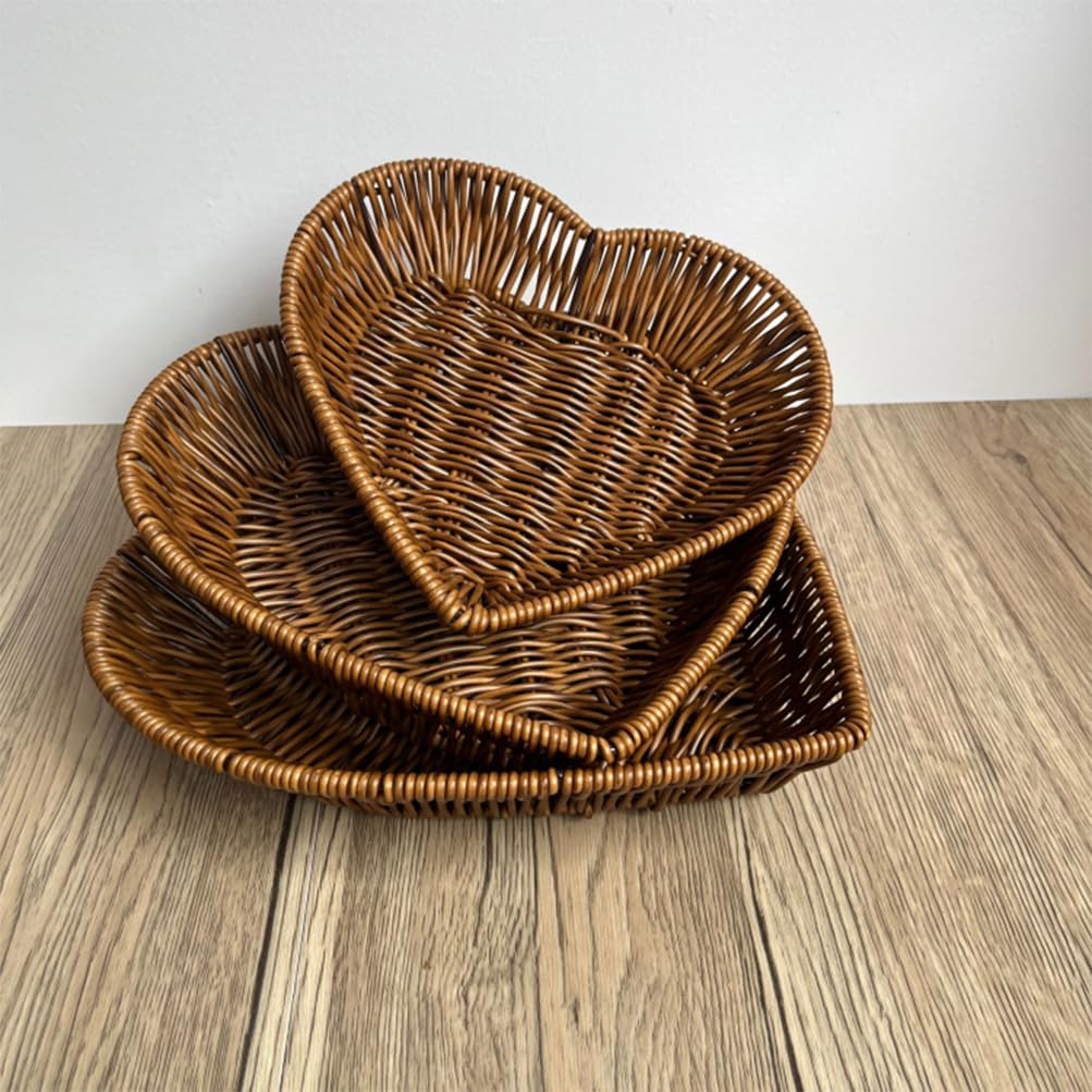 HHWRT Woven 3 Piece Bread Baskets Stackable Heart Shaped Wicker Style NEW