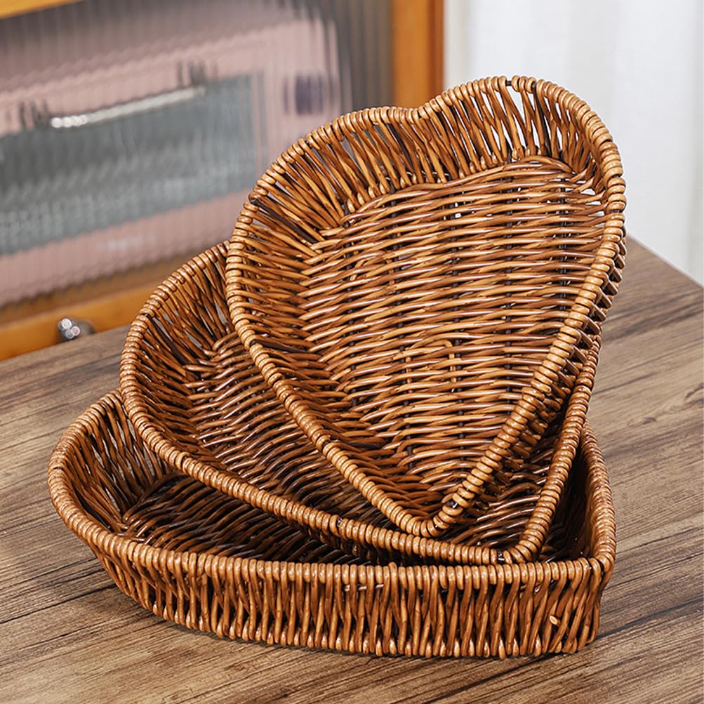 HHWRT Woven 3 Piece Bread Baskets Stackable Heart Shaped Wicker Style NEW
