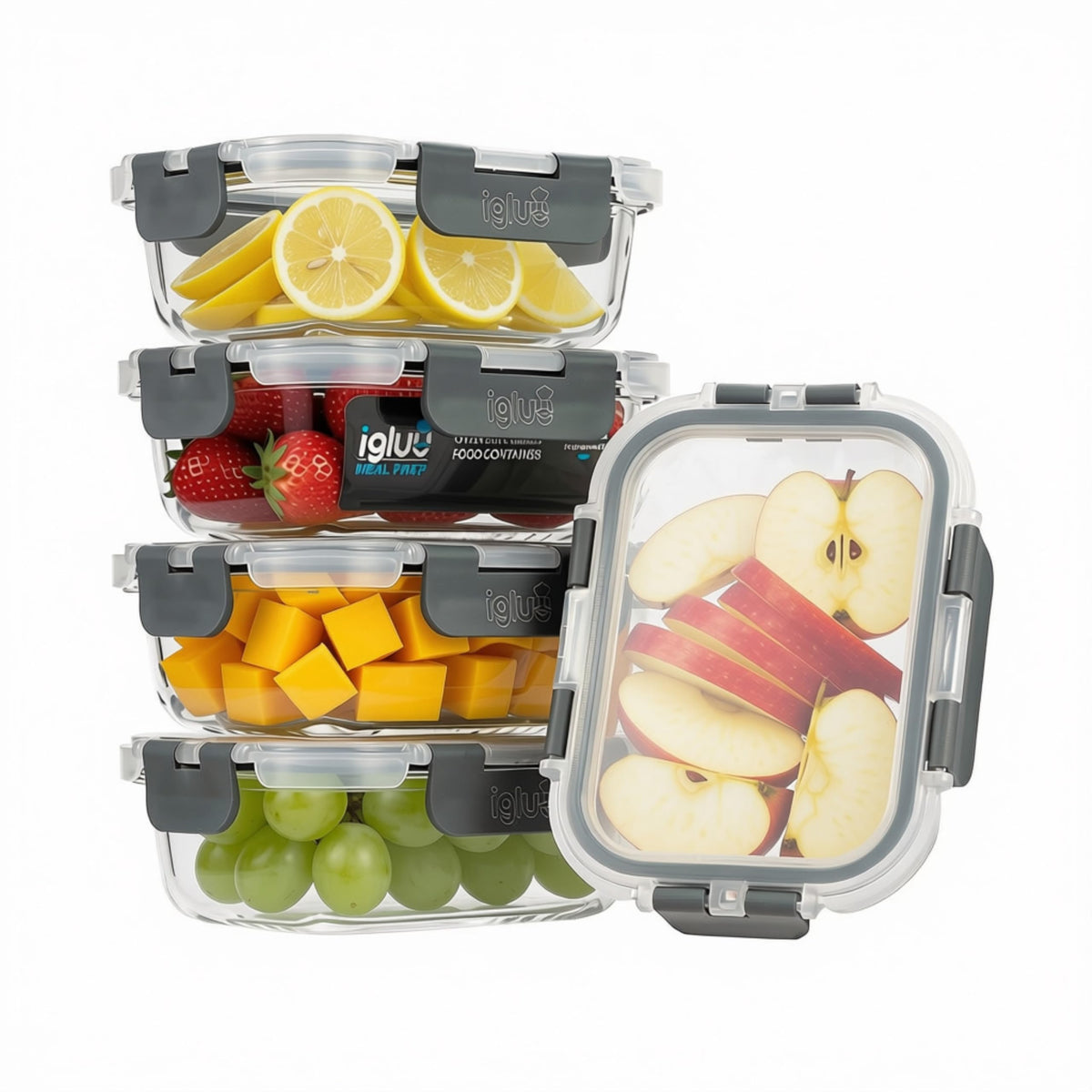 Igluu Meal Container Sets Prep Glass Containers 370ml 5 Pcs with Grey Lids DEMO