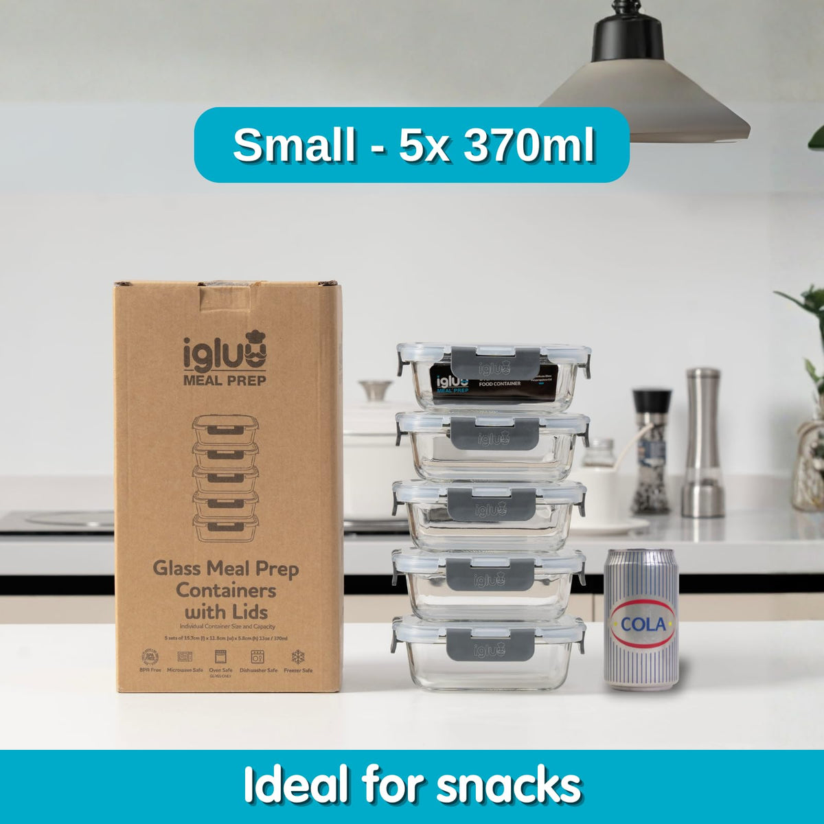 Igluu Meal Container Sets Prep Glass Containers 370ml 5 Pcs with Grey Lids DEMO