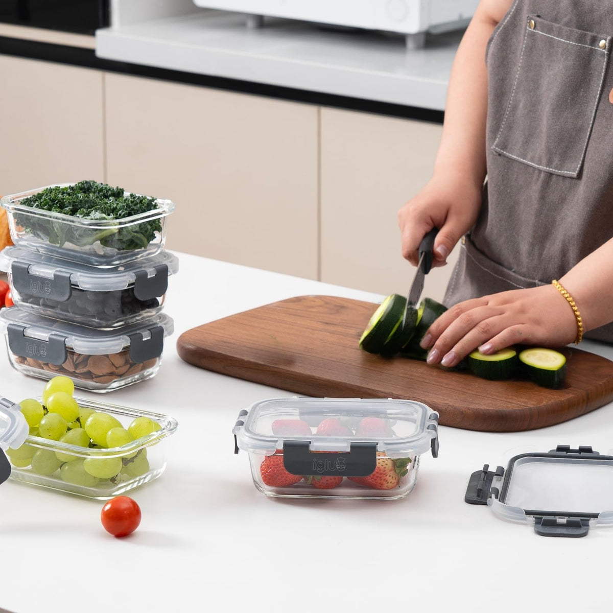Igluu Meal Container Sets Prep Glass Containers 370ml 5 Pcs with Grey Lids DEMO