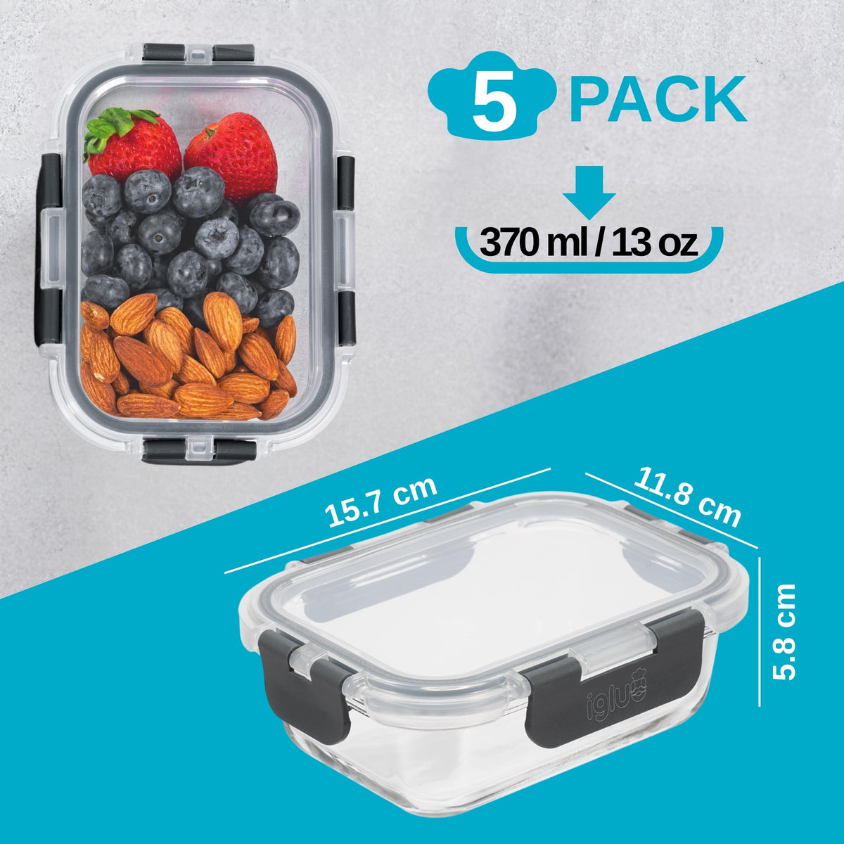 Igluu Meal Container Sets Prep Glass Containers 370ml 5 Pcs with Grey Lids DEMO