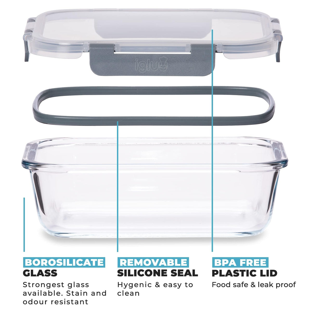 Igluu Meal Container Sets Prep Glass Containers 370ml 5 Pcs with Grey Lids DEMO