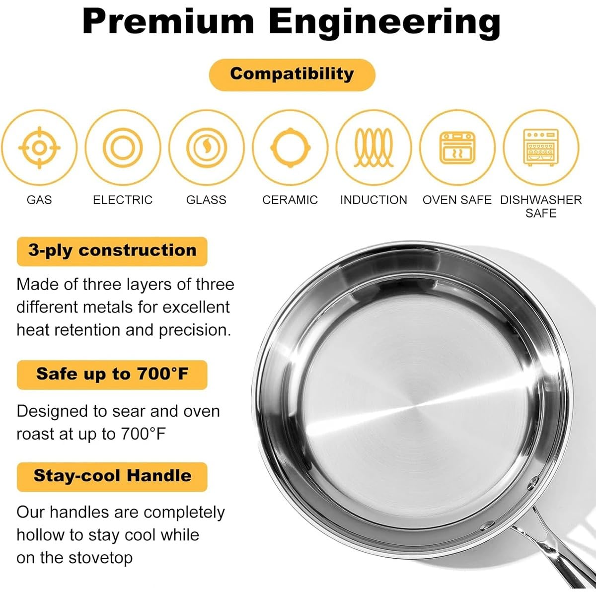 Stainless Steel Frying Pan 3-Ply Induction Cooktop Oven Safe 28cm NEW