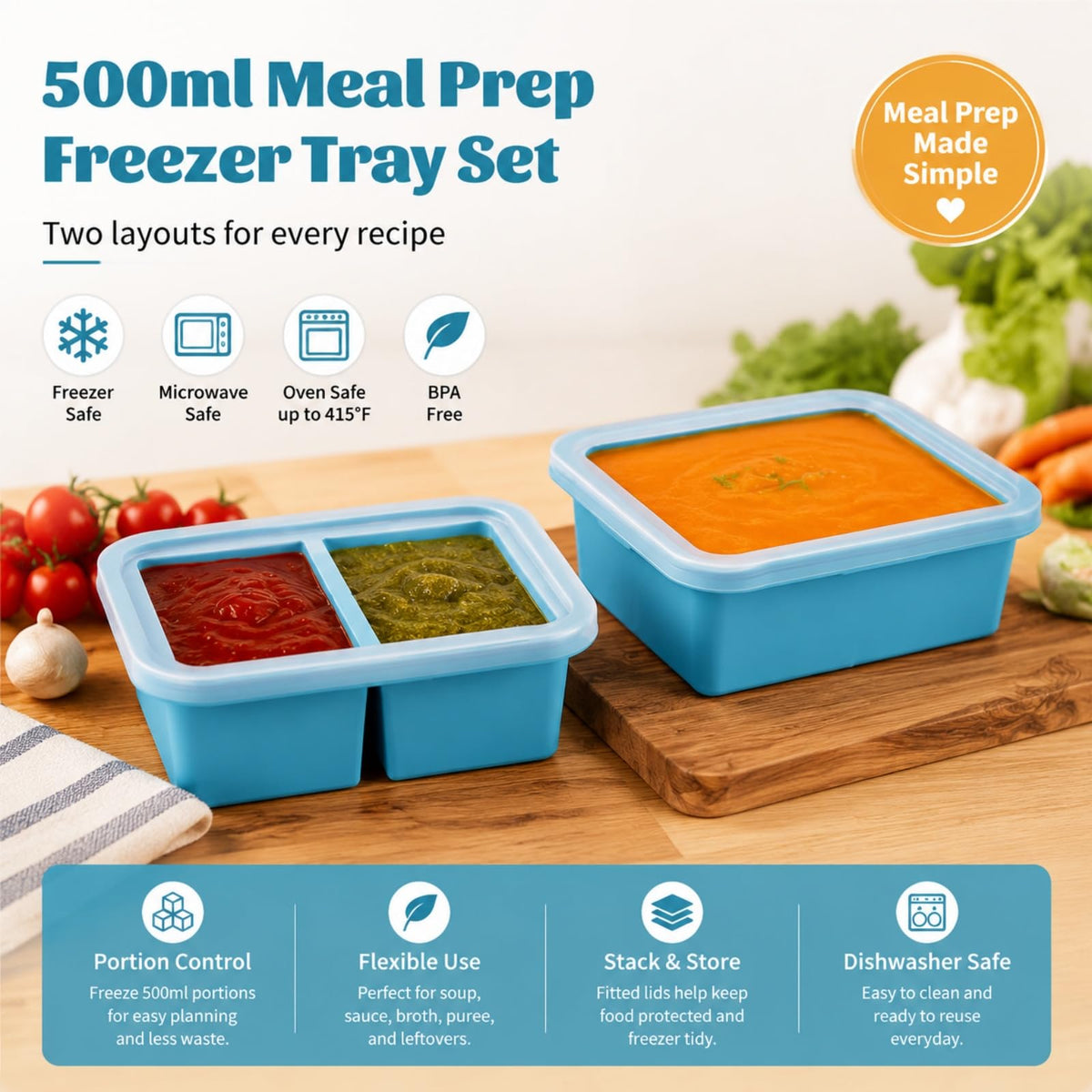 UESJKHOA Silicone Containers Freezer Tray with Lid 500ml Meal Prep Container NEW
