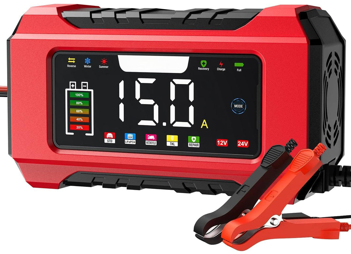 AILRINNI 15-Amp Smart Car Battery Charger 12V 24V Red - Fast NEW
