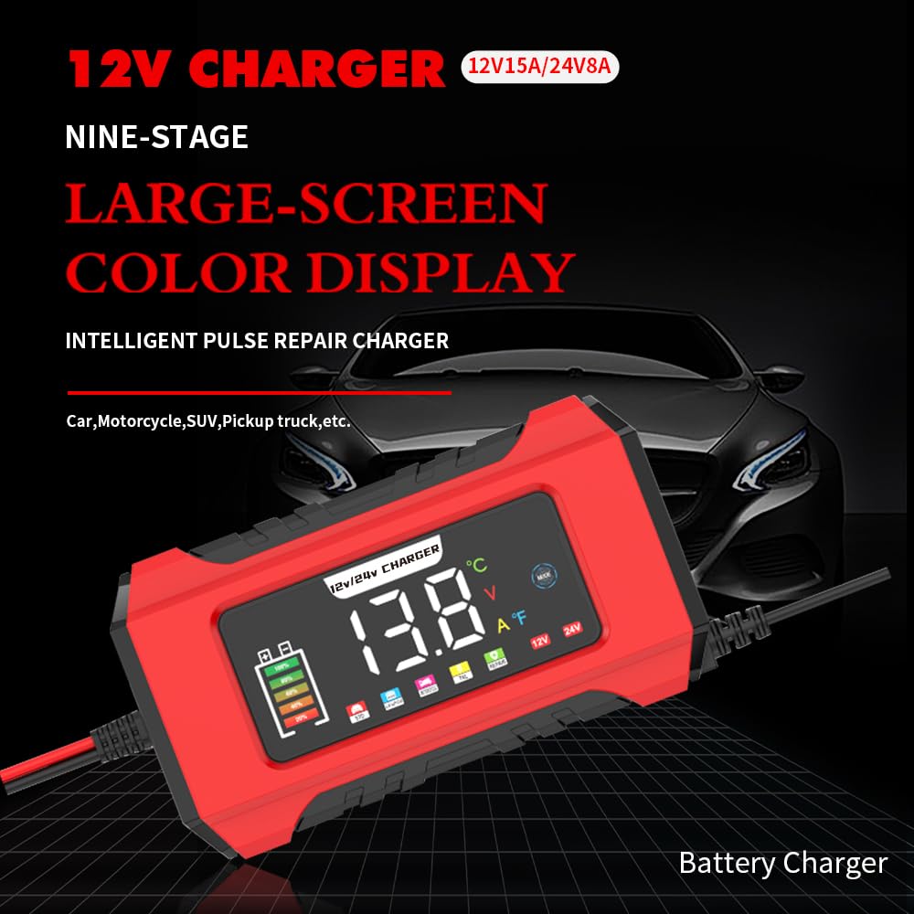 AILRINNI 15-Amp Smart Car Battery Charger 12V 24V Red - Fast NEW