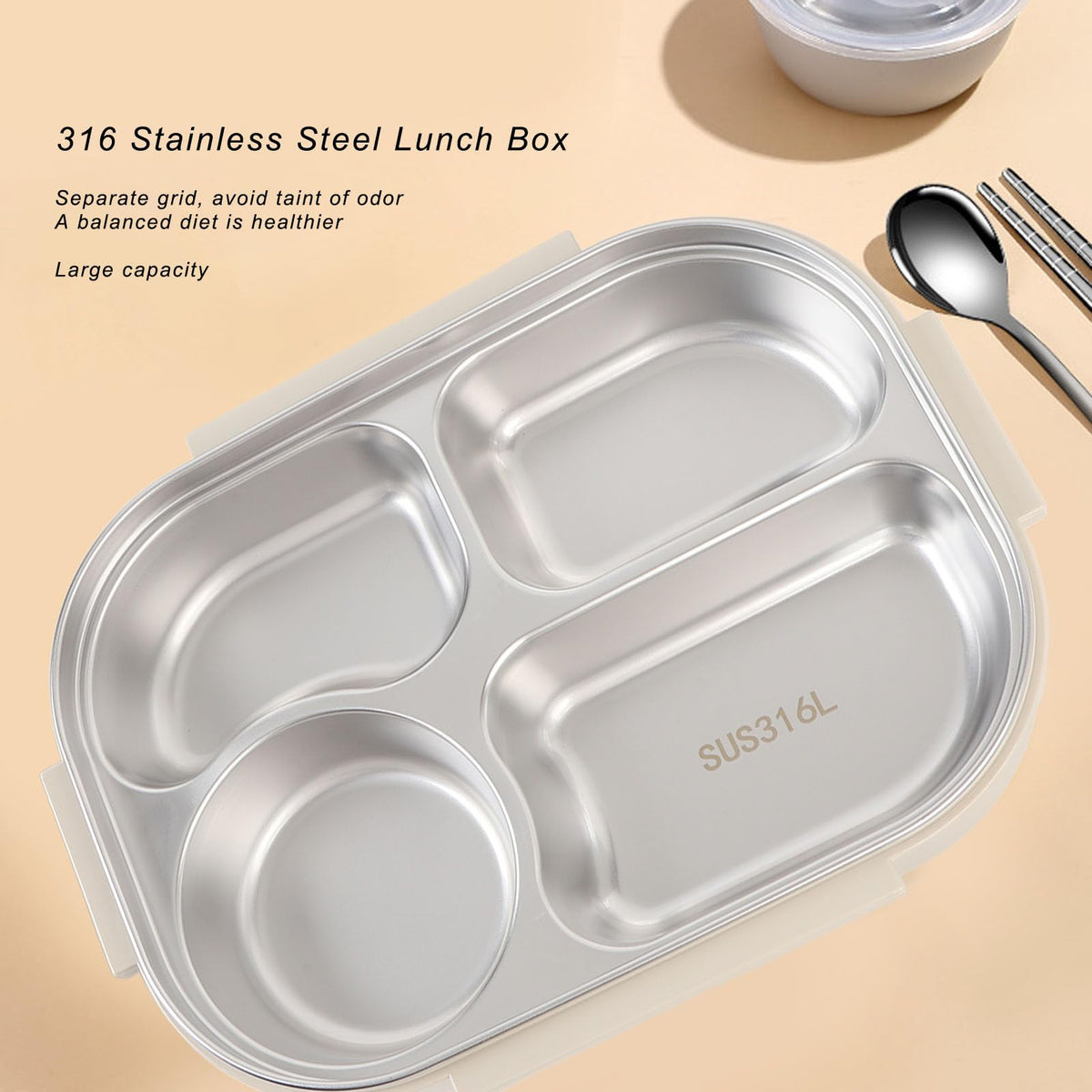 Luocute Stainless Steel Bento Box 1500ml Portable Lunch Container Beige NEW