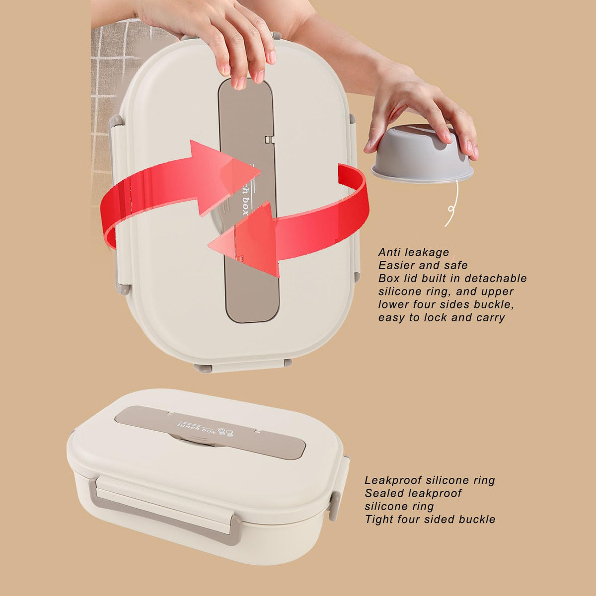 Luocute Stainless Steel Bento Box 1500ml Portable Lunch Container Beige NEW