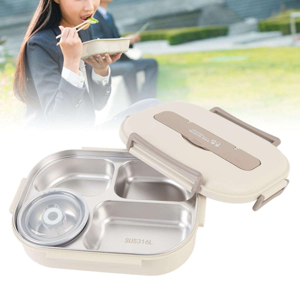 Luocute Stainless Steel Bento Box 1500ml Portable Lunch Container Beige NEW