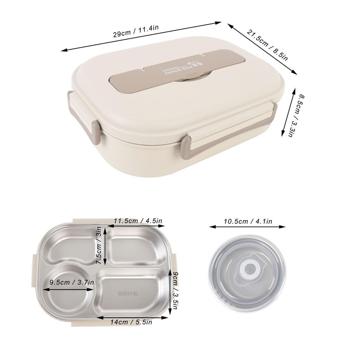 Luocute Stainless Steel Bento Box 1500ml Portable Lunch Container Beige NEW