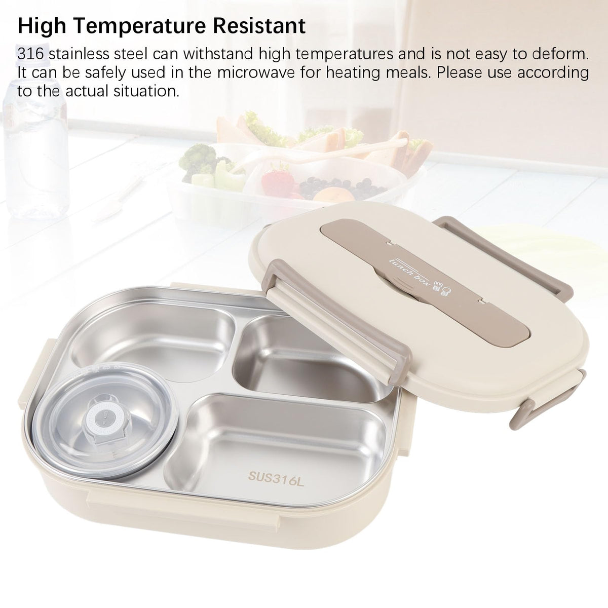 Luocute Stainless Steel Bento Box 1500ml Portable Lunch Container Beige NEW