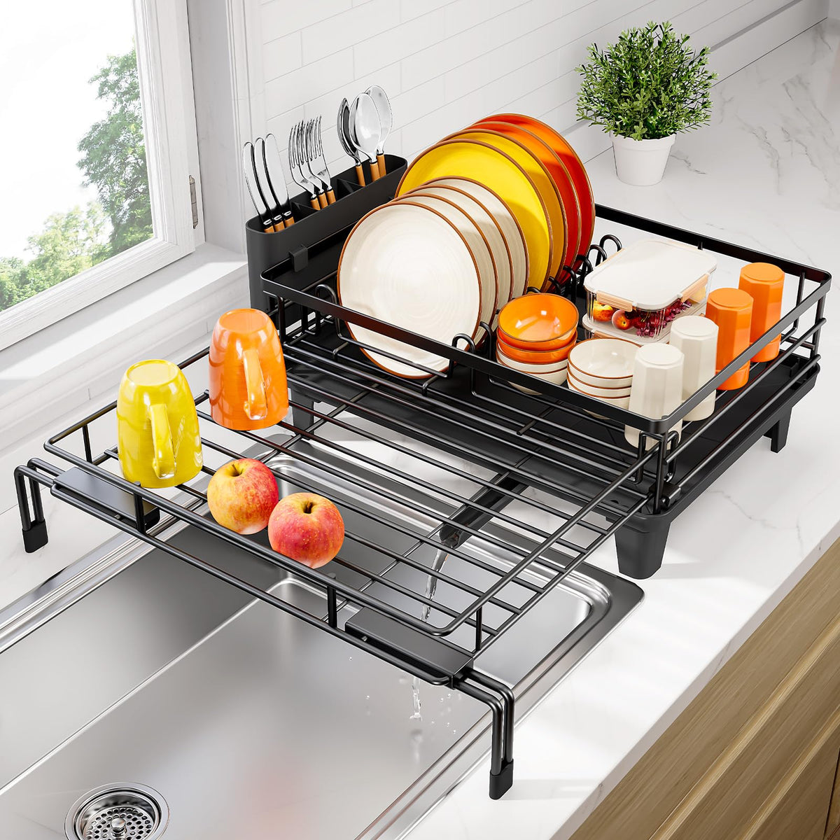 Urackify Large Extendable Dish Drying Rack Sink Drainer Matte Black NEW