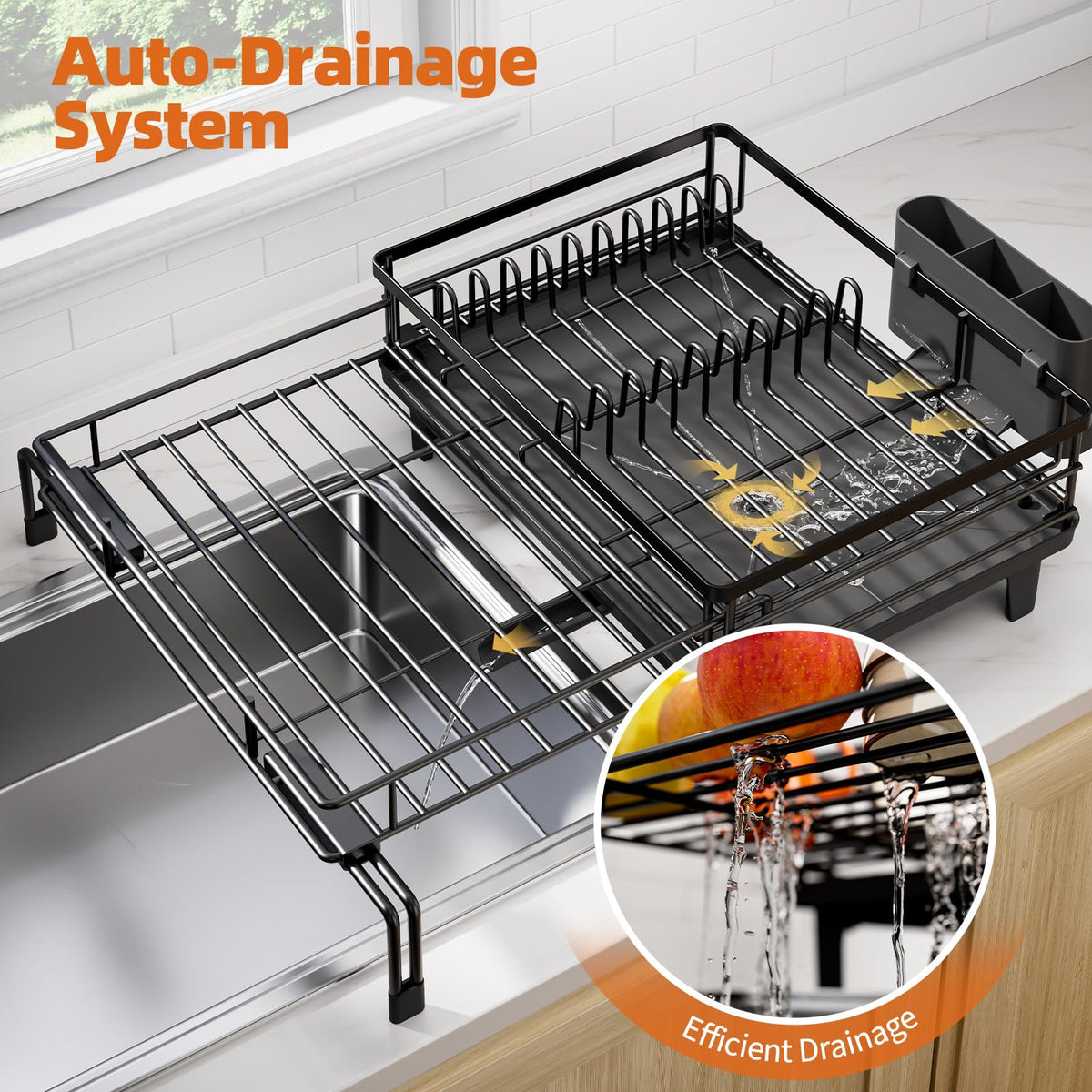 Urackify Large Extendable Dish Drying Rack Sink Drainer Matte Black NEW