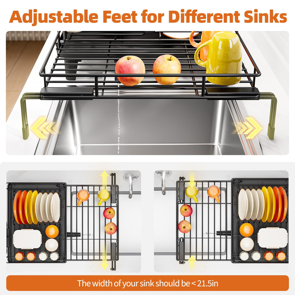 Urackify Large Extendable Dish Drying Rack Sink Drainer Matte Black NEW