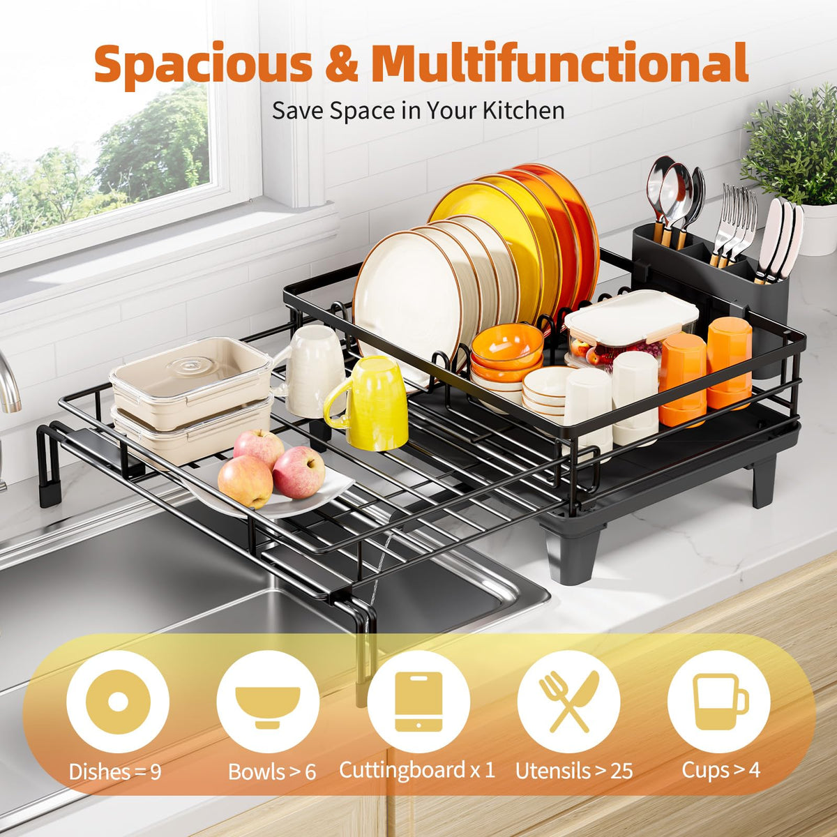 Urackify Large Extendable Dish Drying Rack Sink Drainer Matte Black NEW