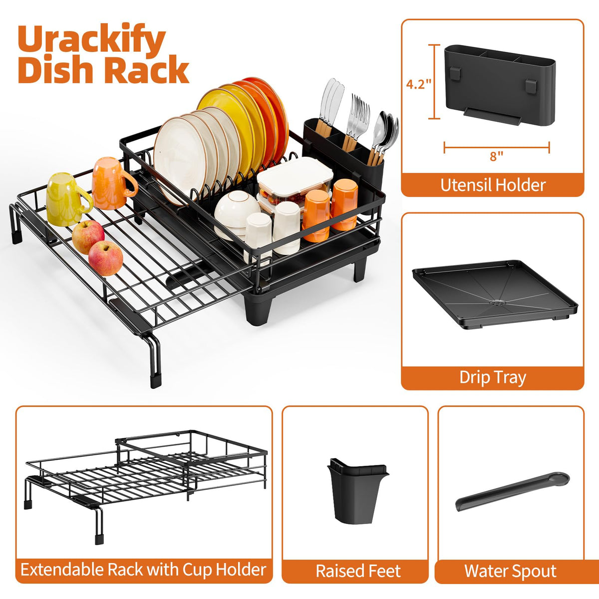 Urackify Large Extendable Dish Drying Rack Sink Drainer Matte Black NEW