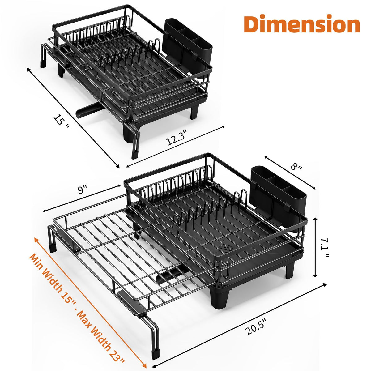 Urackify Large Extendable Dish Drying Rack Sink Drainer Matte Black NEW
