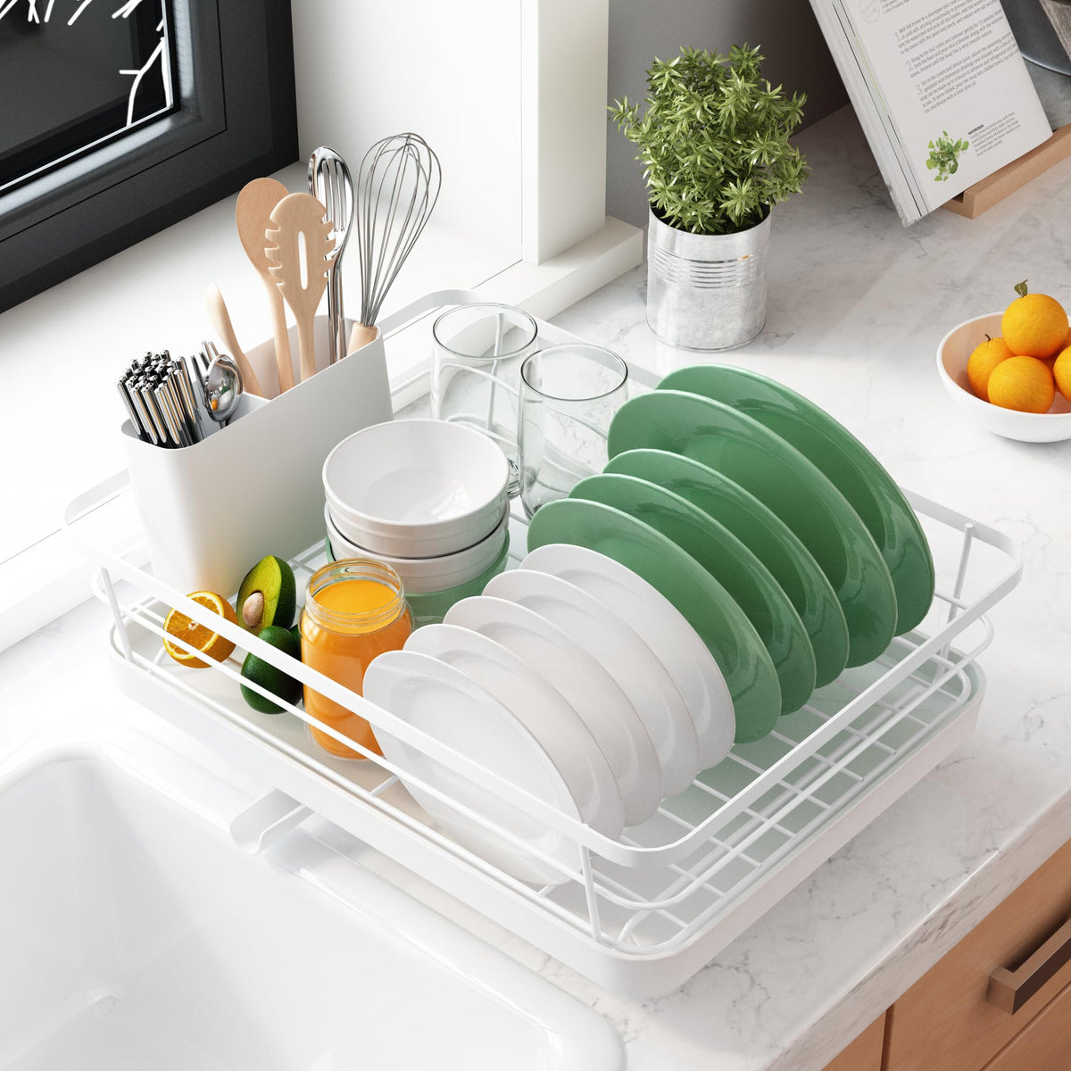 Kitsure White Stainless Steel Dish Drying Rack Drainer With Utensil Holder NEW