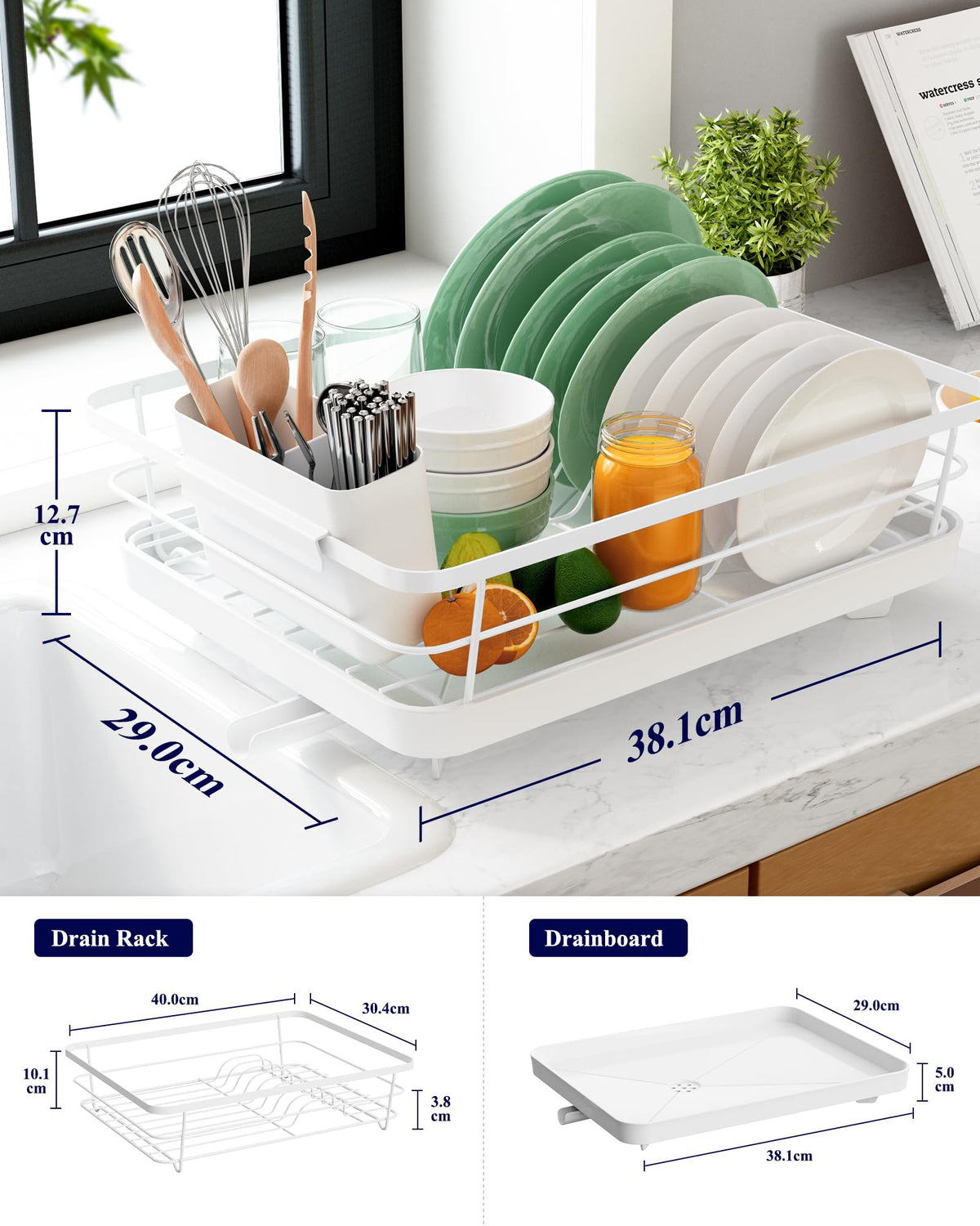 Kitsure White Stainless Steel Dish Drying Rack Drainer With Utensil Holder NEW