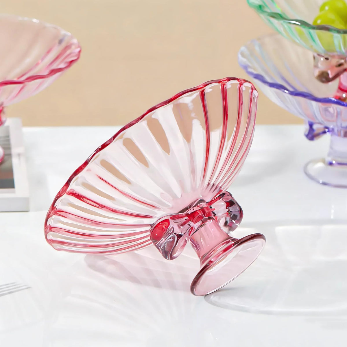 Gudajin Pink Glass Bow Stem Candy Dish Server Pedestal Fruit Bowl NEW