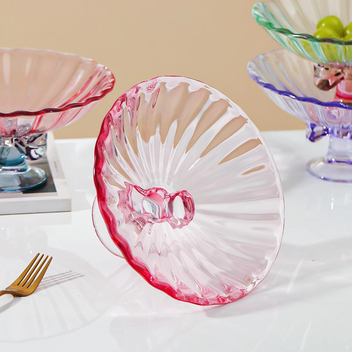 Gudajin Pink Glass Bow Stem Candy Dish Server Pedestal Fruit Bowl NEW