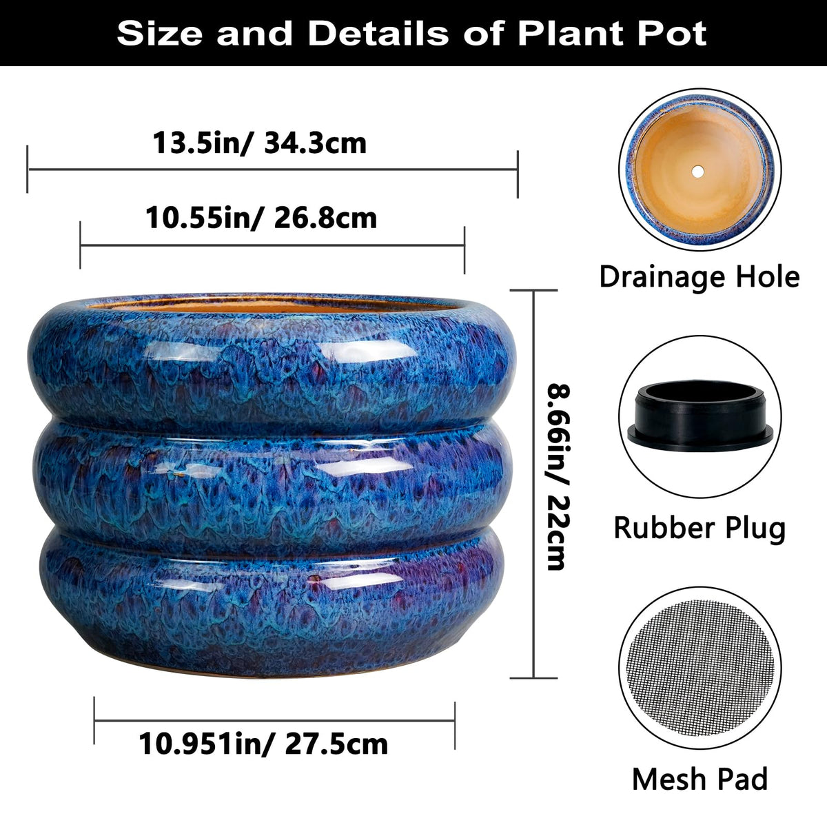 SQOWL Blue Cachepots Ceramic Cachepot Large Planter 13 Inch Indoor Outdoor NEW