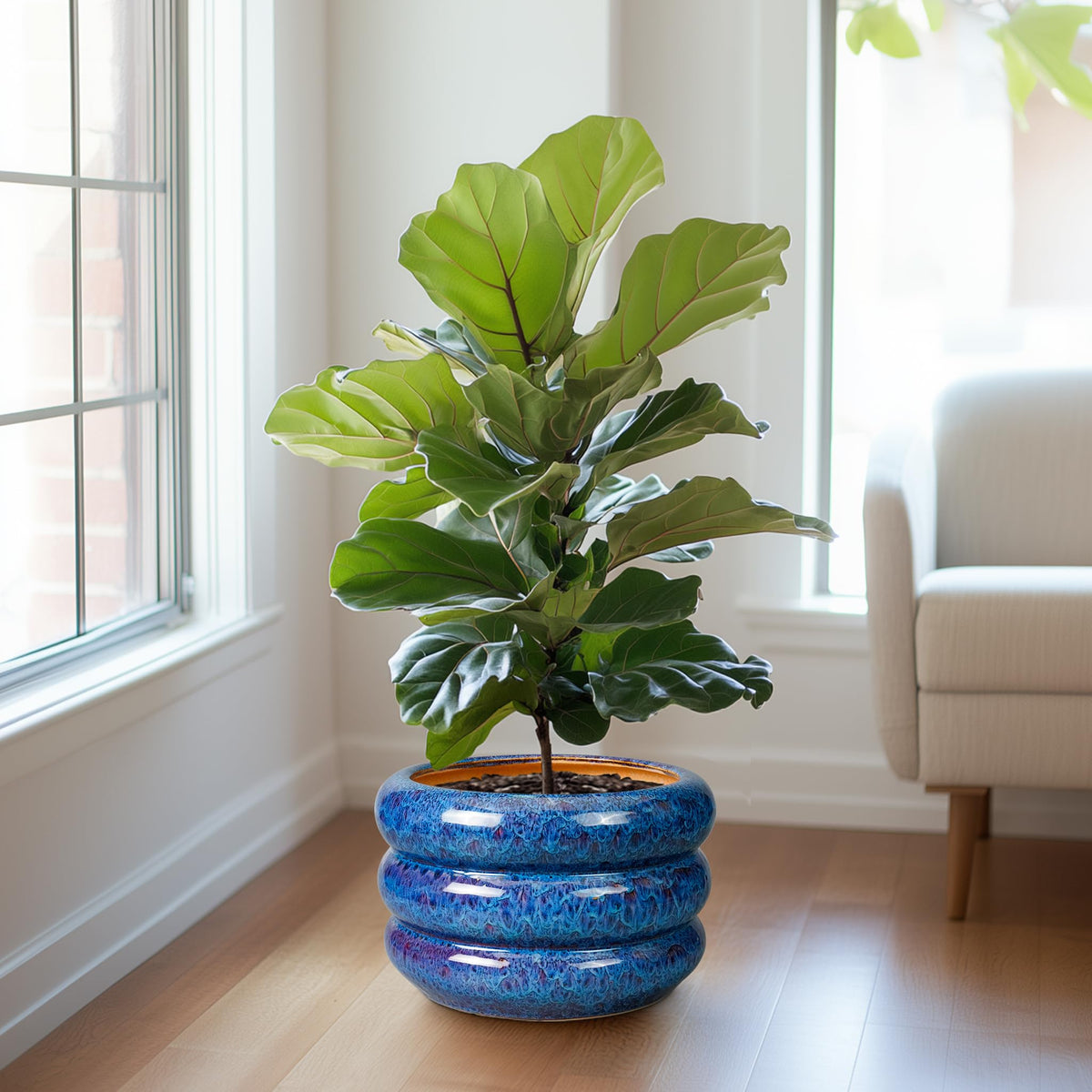 SQOWL Blue Cachepots Ceramic Cachepot Large Planter 13 Inch Indoor Outdoor NEW