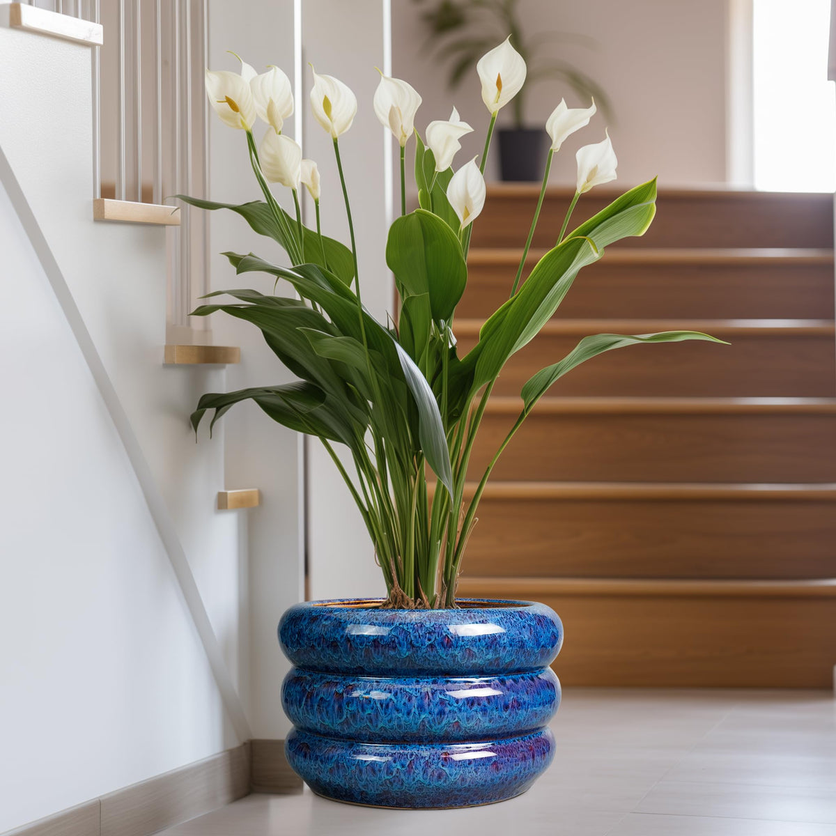 SQOWL Blue Cachepots Ceramic Cachepot Large Planter 13 Inch Indoor Outdoor NEW