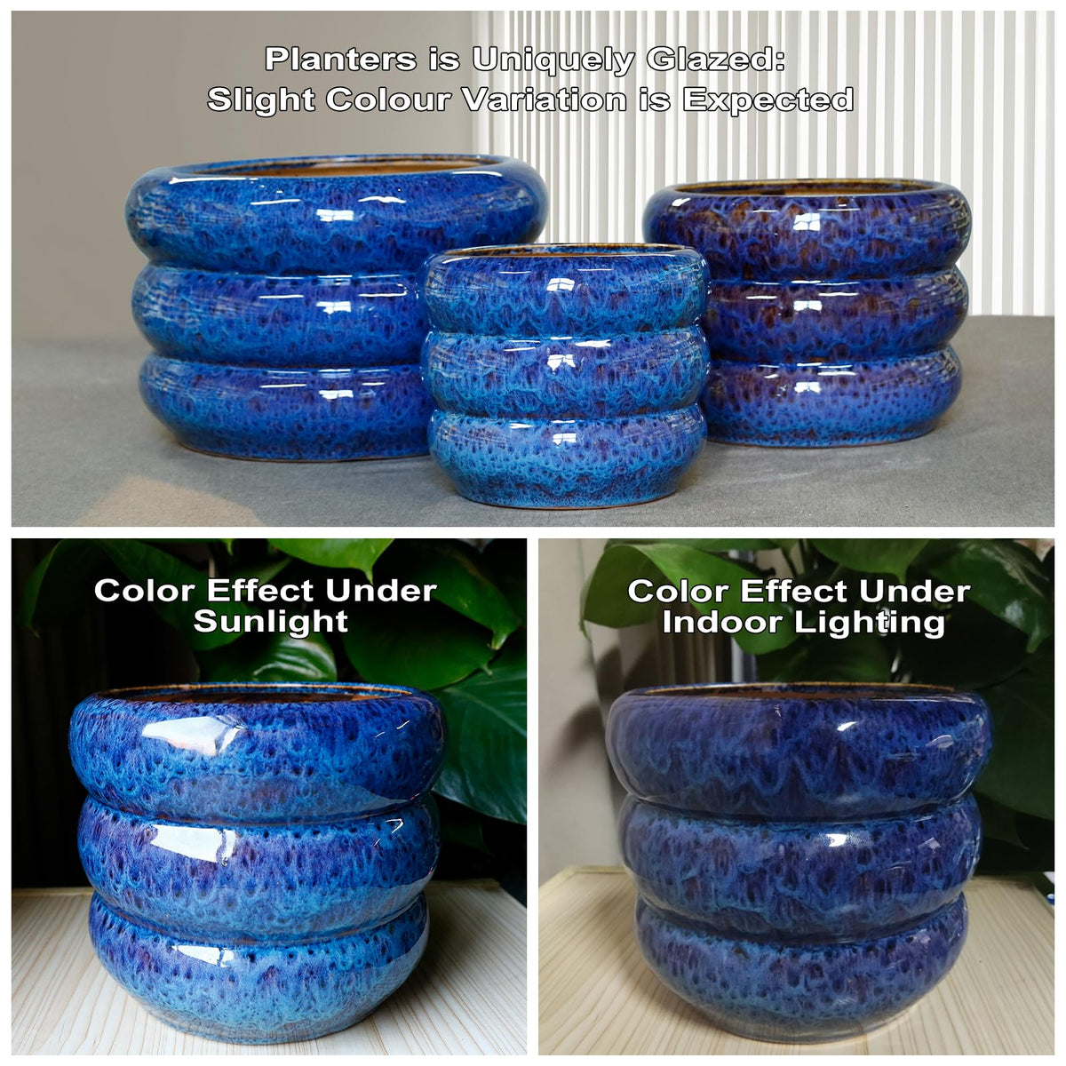 SQOWL Blue Cachepots Ceramic Cachepot Large Planter 13 Inch Indoor Outdoor NEW