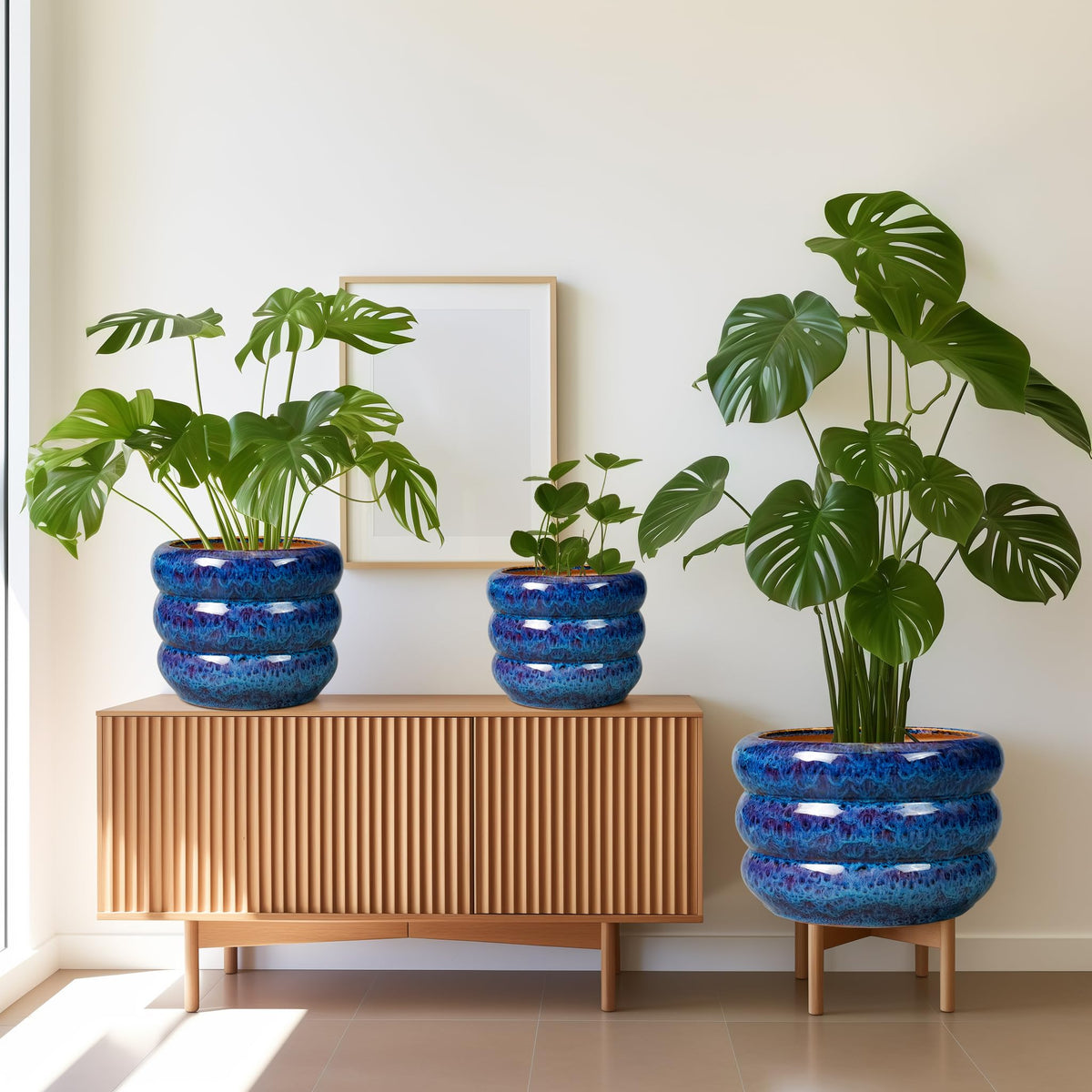 SQOWL Blue Cachepots Ceramic Cachepot Large Planter 13 Inch Indoor Outdoor NEW