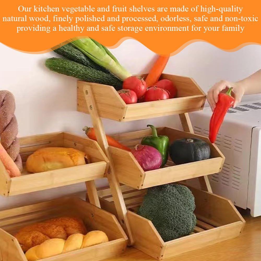 TOMVAES 3-Tier Wooden Fruit Basket Kitchen Counter Storage Stand NEW