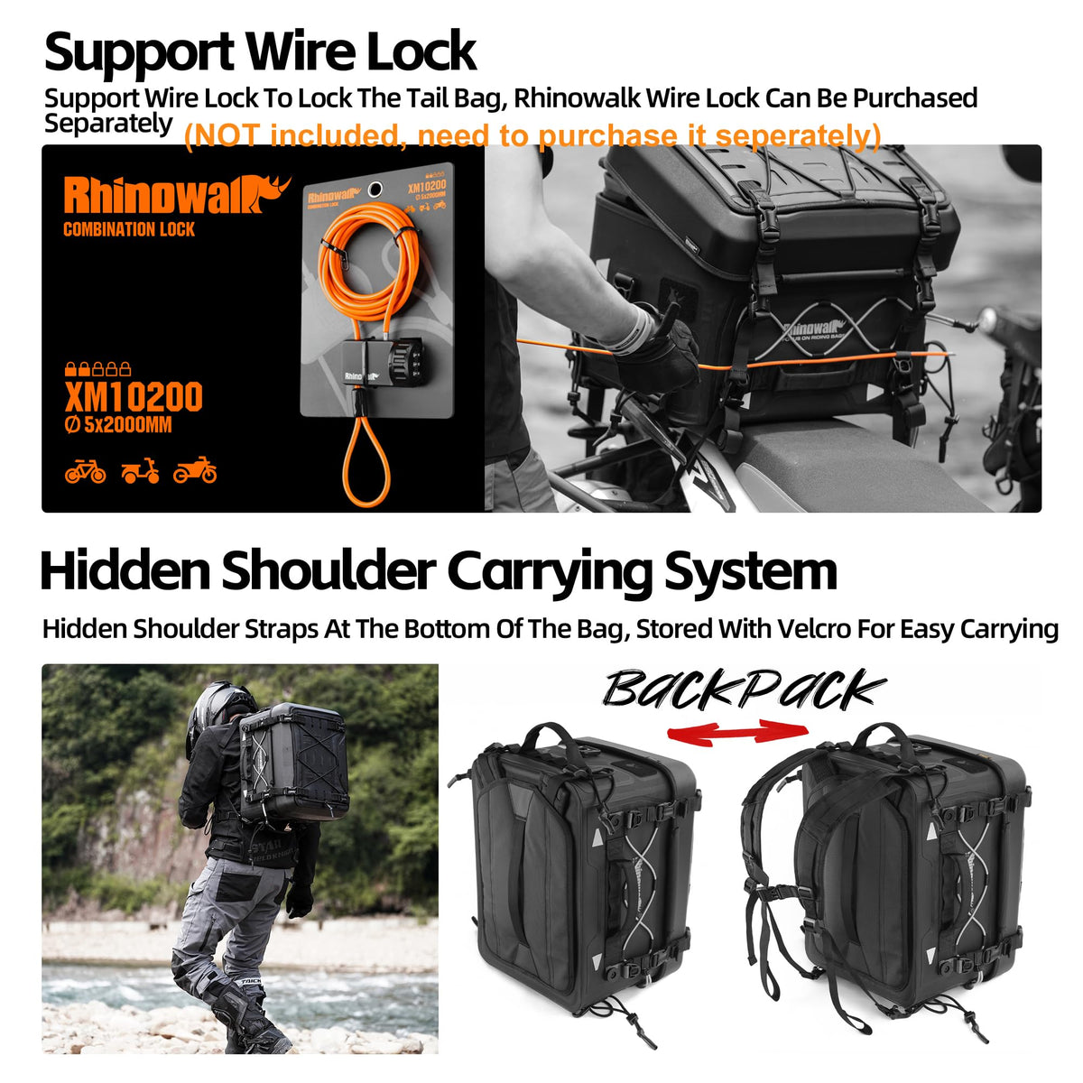 Rhinowalk MFT2301 36L Black Waterproof Motorcycle Saddle Bag Camera Storage NEW