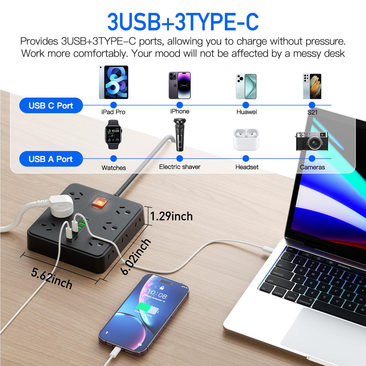 AORVP Power Strip 12 Outlets 6 USB Ports Surge Protector Black NEW