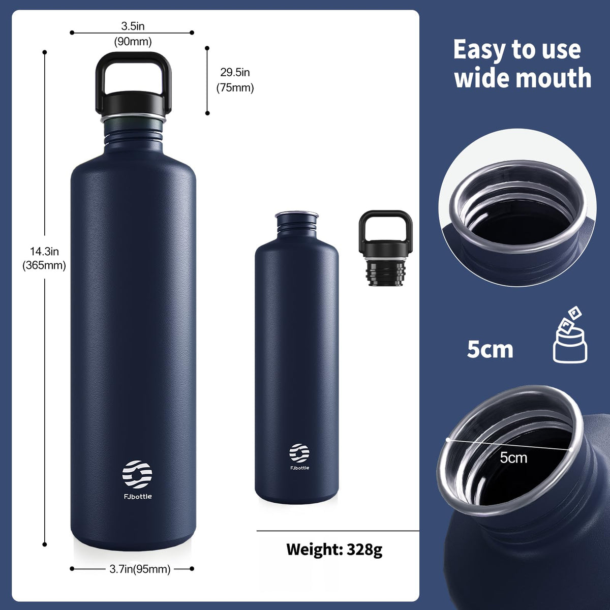 Fjbottle Stainless Steel Sports Water Bottle Dark Blue 2L Insulated NEW