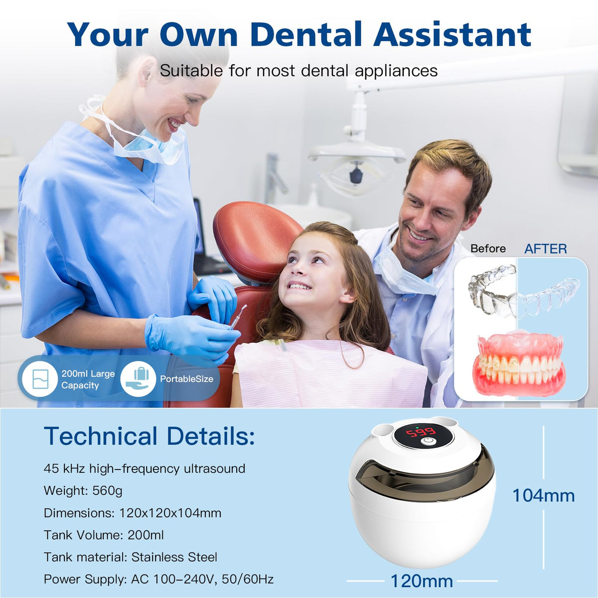 Aotuda 45kHz Ultrasonic Retainer Cleaner Machine 200ML Portable NEW
