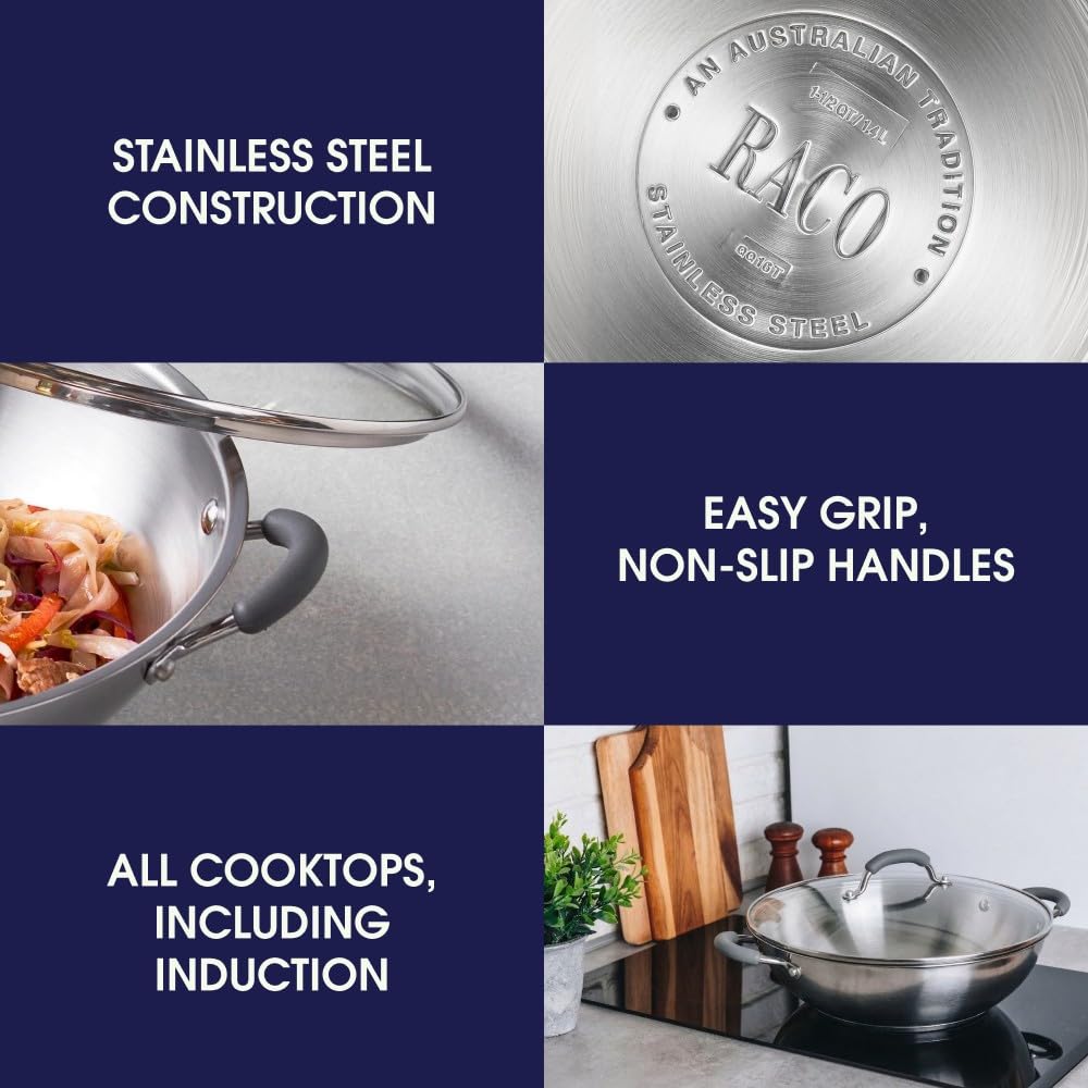 RACO Stainless Frying Pans Steel Induction Wok with Glass Lid - Silver DEMO